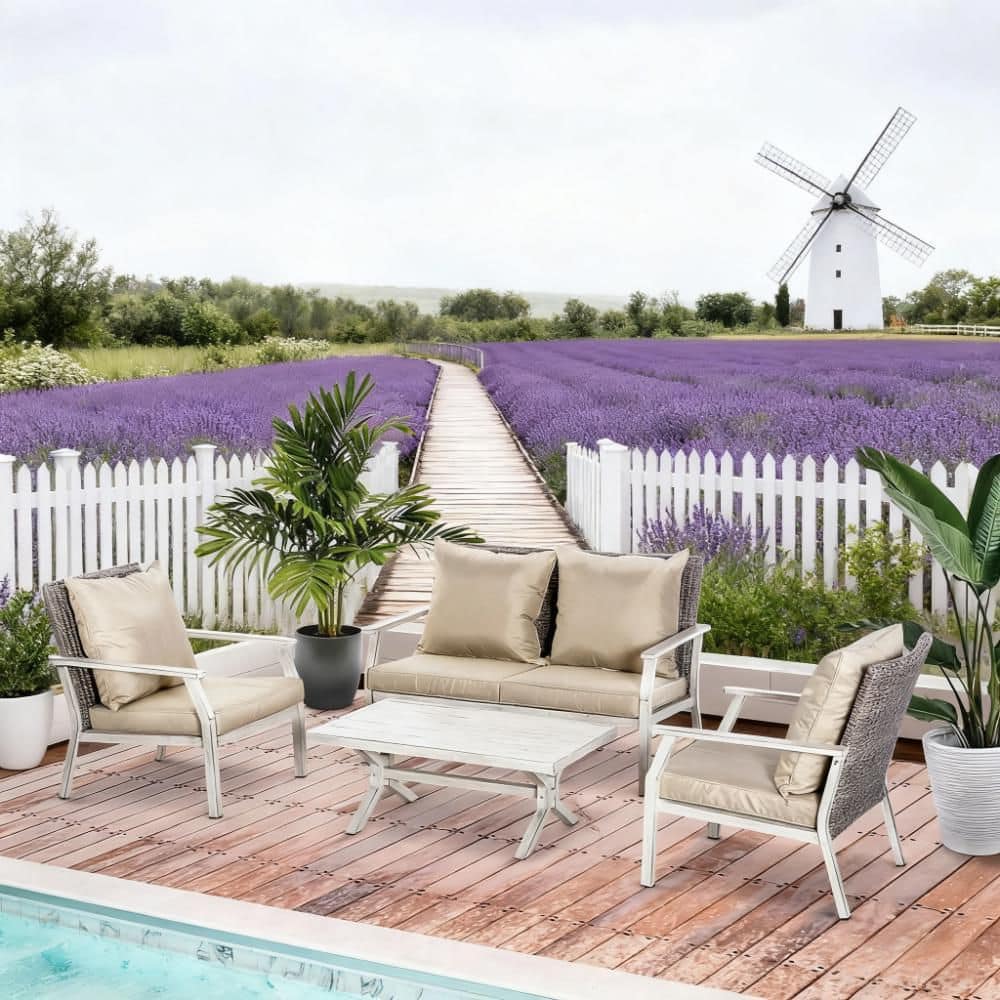 4-Piece Aluminum Outdoor Patio Conversation Set with Beige Cushions for ...