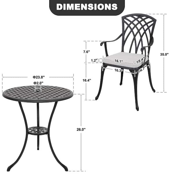 3-Piece Cast Aluminum Patio Bistro Set Rust-proof Outdoor Bistro Set with Gray Cushion