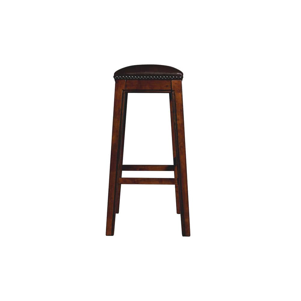 Rustic Chestnut 30" Backless Saddle Bar Stool with Faux Leather Seat