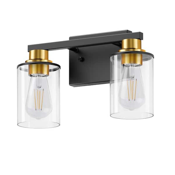 Briignite 14 in. 2-Light Modern Matte Black and Gold Bathroom Vanity Light Over Mirror Lighting with Clear Glass Shades for Vanity