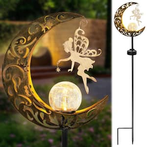 Outdoor Decor, Moon Fairy Crackle Glass Globe with Angel Yard Pathway Stake Lights Solar Powered Waterproof
