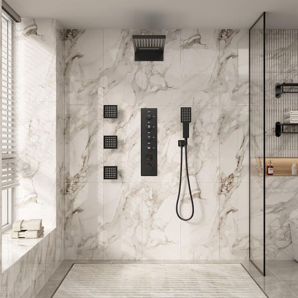 4-Spray Temperature Display 22 in. Wall Mount Thermostatic Rainfall Dual Shower Heads with 2.5 GPM 3-Jet in Matte Black