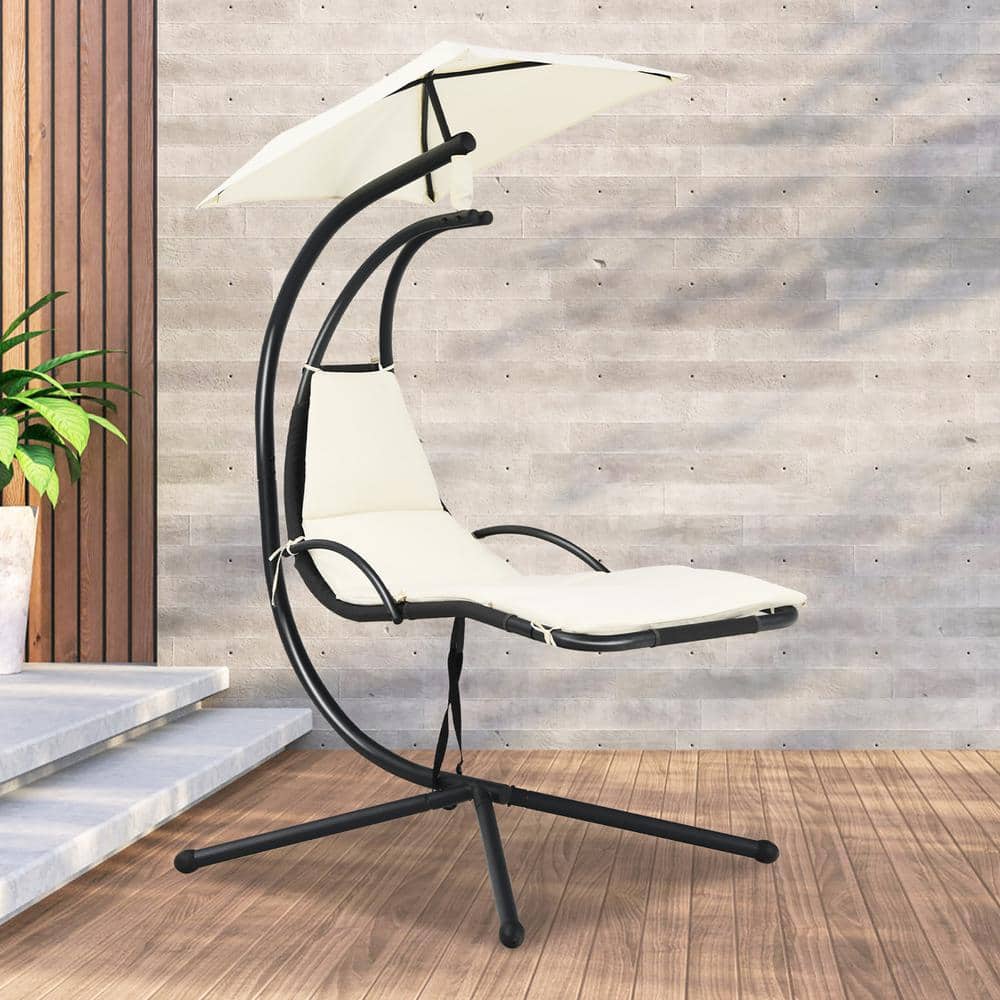 Beige Steel Hanging Chaise Lounge Chair with Cushions and Canopy