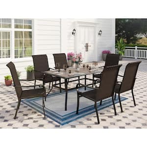 Black 7-Piece Metal Patio Outdoor Dining Set with Wood-Look Umbrella Table and Brown Rattan High Back Arm Chairs