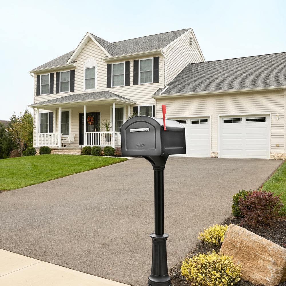 Centennial Pewter Steel Post Mount Mailbox with Red Flag