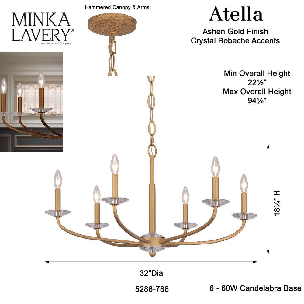 Ashen Gold 6-Light Chandelier with Clear Crystal Accents