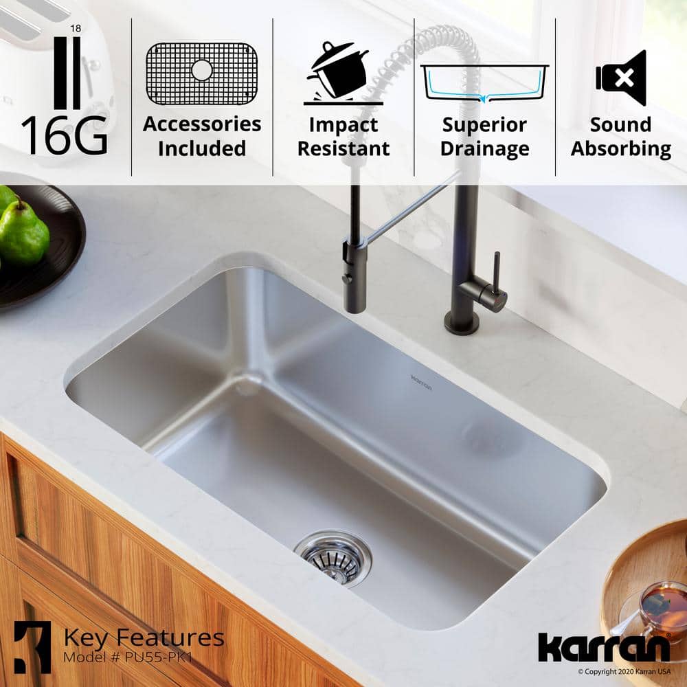Karran 30'' Satin Brushed Stainless Steel Single Bowl Undermount Kitchen Sink