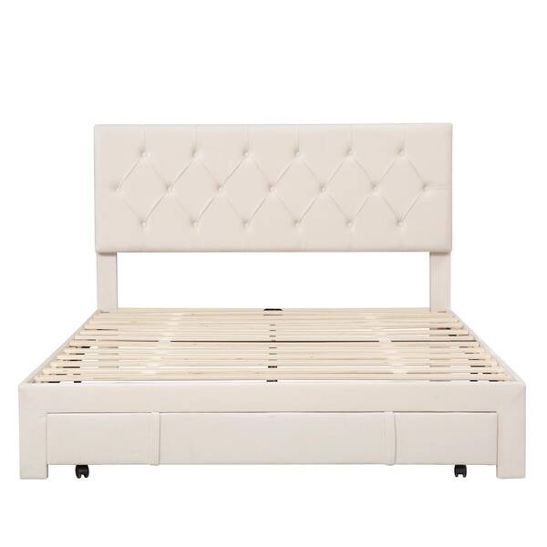 Unbranded 81 in. W Beige Queen Size Velvet Upholstered Frame Platform Bed with Big Drawer