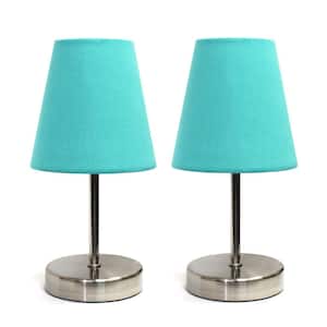 Sand Nickel Mini Basic 10.5 in. Table Lamp with Blue Fabric Shade (2-Pack Set)