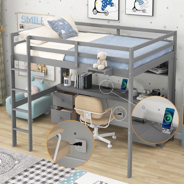 Harper & Bright Designs Gray Full Size Multifunctional Wood Loft Bed with Bedside Tray, 4 Cabinets, Charging Station, Desk and 4 Drawers