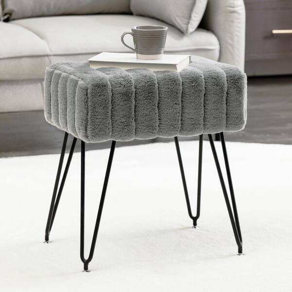 LUE BONA 18.5 in. Gray Faux Fur Square Vanity Stool with Black Legs for Makeup Room