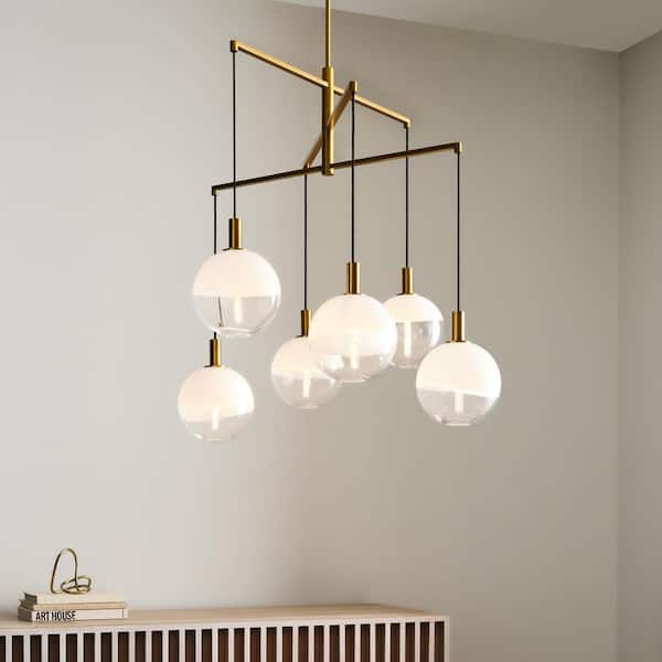 Torian Extra Large 6-Light Burnished Brass Dining Room Chandelier With Milk Clear Glass Mix Shades