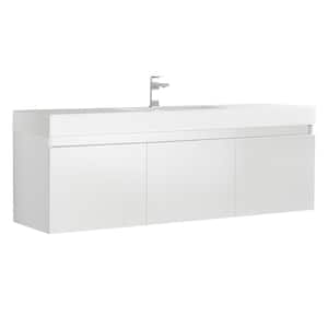 Mezzo 60 in. Modern Wall Hung Bath Vanity in White with Vanity Top in White with White Basin