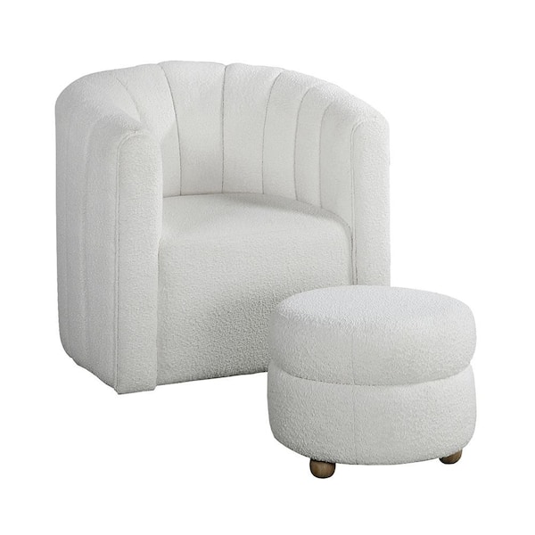 Lazzara Avina White Boucle Fabric Upholstery Swivel Arm Chair with Ottoman