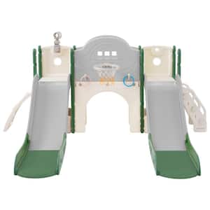 Green 7 in. 1 Toddler Freestanding Slide Set with Slide, Arch Tunnel, Ring Toss and Basketball Hoop, Double Slides