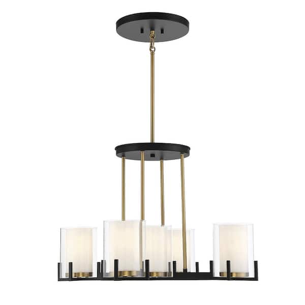 Savoy House Eaton 27 in. W x 17 in. H 5-Light Matte Black with Warm Brass Accents Chandelier with Clear/White Opal Glass Shades