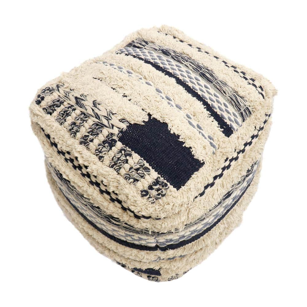 Navy and Beige Handwoven Cotton Shaggy Pouf