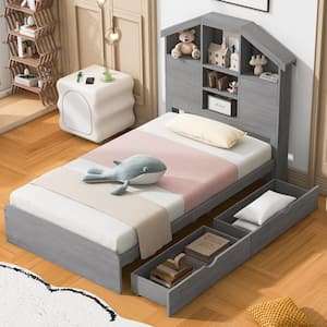 Gray Wood Frame Twin Size Platform Bed with 2-Under-Bed Drawers, House-Shaped Headboard with Shelves