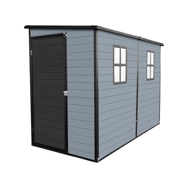 Gray 4 ft. W x 8 ft. D Plastic Resin Garden Shed with Floor, 2 Windows and Lockable Door for Garden Tools (32 sq. ft. )