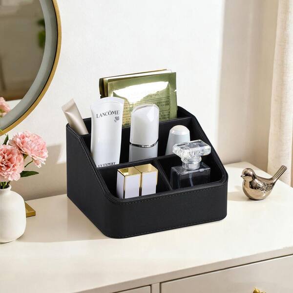 Black PU leather remote control caddy, a rounded bedside organizer