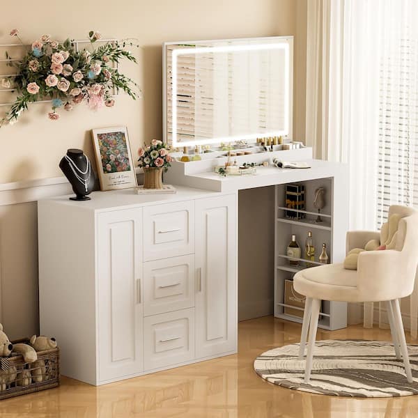 White Makeup Vanity Dressing Table with 3 Drawers, 2 Cabinets, Storage Shelves and Mirror with Lights