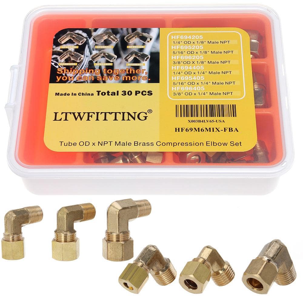 LTWFITTING Assortment Kit Tube OD X NPT Male Brass Compression Elbow ...