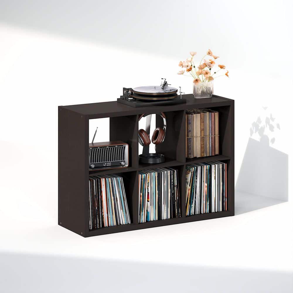 Cubicle Black Dark Oak 6-Cube Media Storage Shelf with 1.2 Extra Thick Vinyl Record Storage
