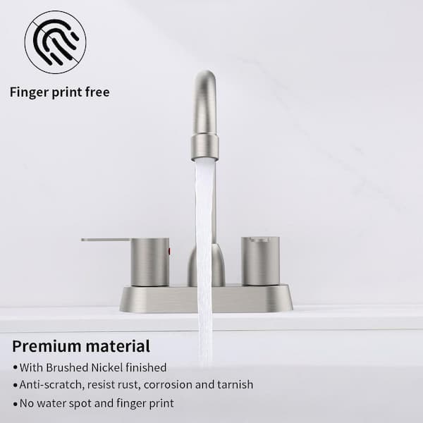 4 in. Centerset Double Handle High Arc Bathroom Sink Faucet with Drain Kit in Brushed Nickel
