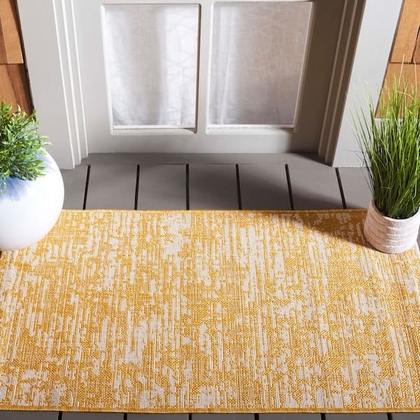 Courtyard Gold/Ivory 2 ft. x 4 ft. Distressed Abstract Indoor/Outdoor Area Rug