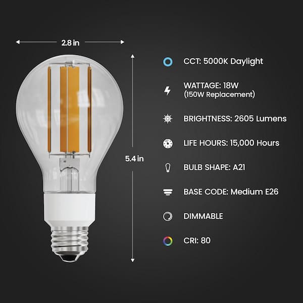 150-Watt Equivalent A21 Dimmable Clear Glass Filament E26 Medium Base LED Light Bulb, Daylight (5000K) (1-Pack)