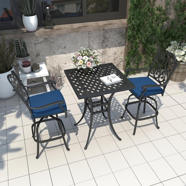 bar height patio table set with umbrella hole W WARMHOL Cast Aluminum Table, 38.5
