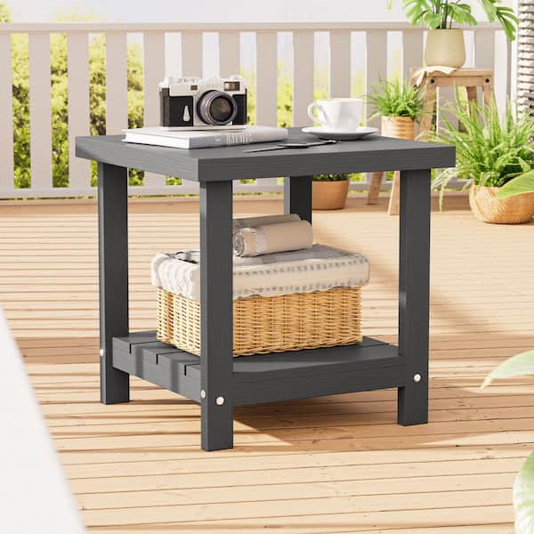 Gray Rectangular HDPE Outdoor Side Table, 2-Tier Weather-Resistant Small Patio Table