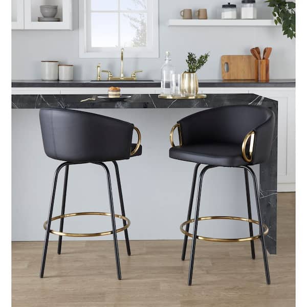 Claire 25.75 in. Black Faux Leather and Black Metal Fixed-Height Counter Stool (Set of 2)