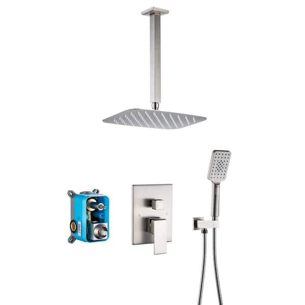 Lukvuzo 3-Spray 12 In. Ceiling Shower Head Wall Mount Fixed and Handheld Dual Shower Head Flow Rate 1.46 GPM in Brushed Nickel