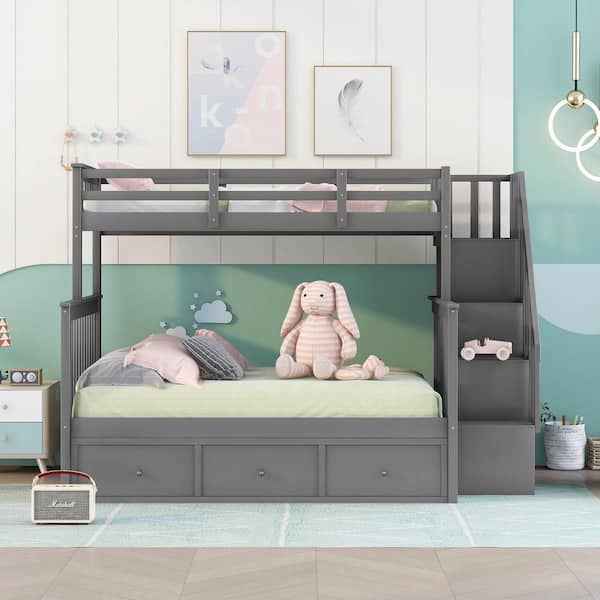 Twin Over Full Bunk Bed with Drawer, Wooden Bunk Bed Frame with Storage Stairway and Guard Rail for Kids, Gray