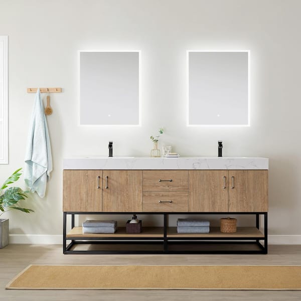 ROSWELL Alistair 72 in. W x 22 in. D x 33.9. in H Bath Vanity in Oak with Stone Vanity Top in White with Double Sinks and Mirror