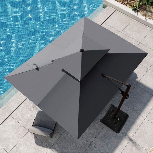 Pellebant Double Top 9 ft. x 12 ft. Aluminum Outdoor Parasol 360° Rotation Cantilever Patio Umbrella in Dark Gray with Base