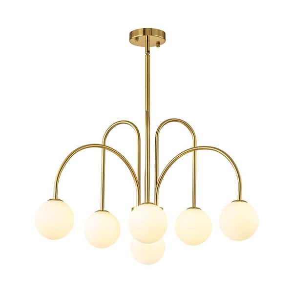 Ayden 6-Light Gold Contemporary Dimmable Sputnik Sphere Chandelier with Opal Glass Globe Bubble