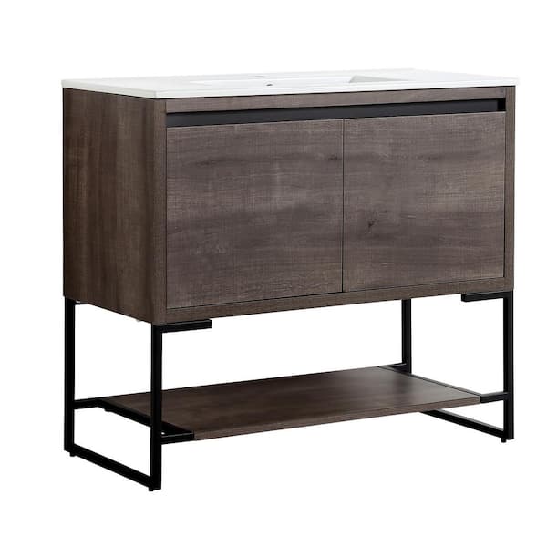 JimsMaison 40 in. W x 18 in. D x 34.25 in. H Bath Vanity Set in Grey Oak with Ceramic Vanity Top