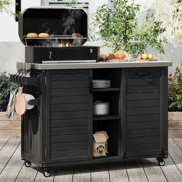 Brown Wood 47 in. Kitchen Island with Extendable Table, Stainless Steel Top, Trash Can Storage