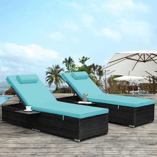 Unbranded 2-Pack Dark Coffee Wicker Outdoor Chaise Lounge Chair, with Reclining Adjustable Backrest and Blue Cushions