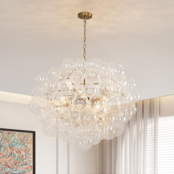 Neuvy 12-Light 35.4 in. W Brushed Gold Chandelier Large Globe Dome Sputnik Chandelier with Twisted Glass Ribs for Lobby