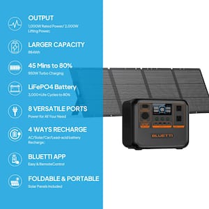 1000W Continuous/2000W Peak Output Power Station AC70P Push Button Start LiFePO4 Battery Generator + 200W Solar Panel