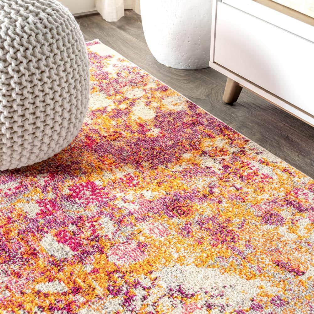 Pink and Orange Abstract Modern Area Rug, 8 ft x 10 ft