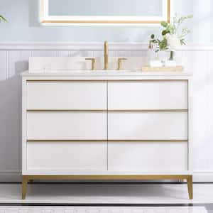 NOLAN 48 in. W x 22 in. D x 35 in. H Single Sink Freestanding Bath Vanity in White with Carrera White Qt. Top, 6-Drawer