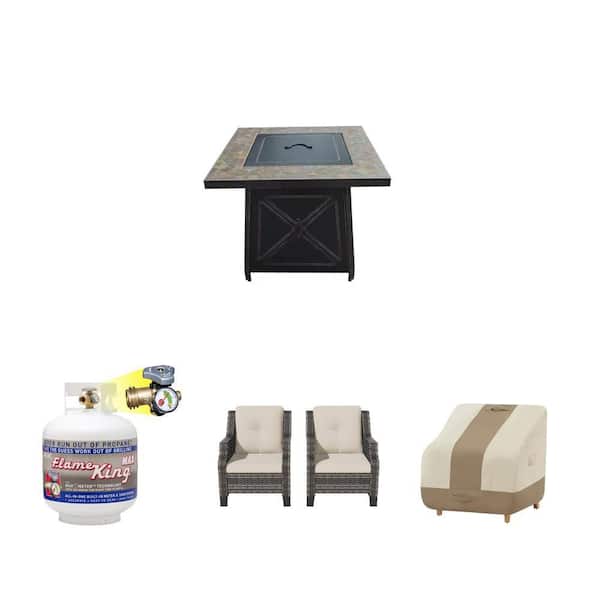 30 in. 50000 BTU Fire Pit Table with Lava Rocks, 20 lb. Propane Cylinder, Wicker Patio Set and Chair Cover
