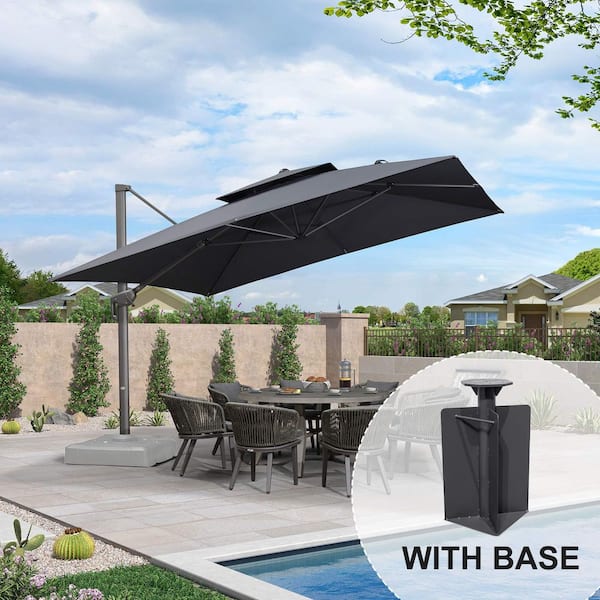 PURPLE LEAF 12 ft. Square 2-Tier Aluminum Cantilever 360° Rotation Patio Umbrella with Base in Ground, Gray
