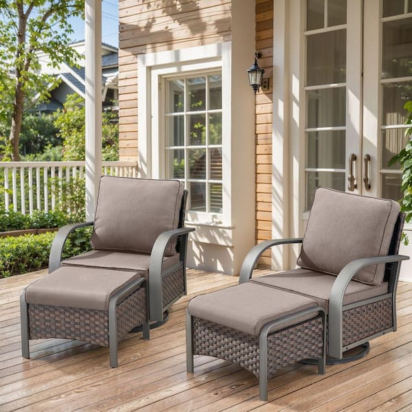 moosprr 4-Piece Brown Wicker Outdoor Swivel Glider with Gray Cushions and Matching Ottomans Rocking Chairs for Patio or Garden