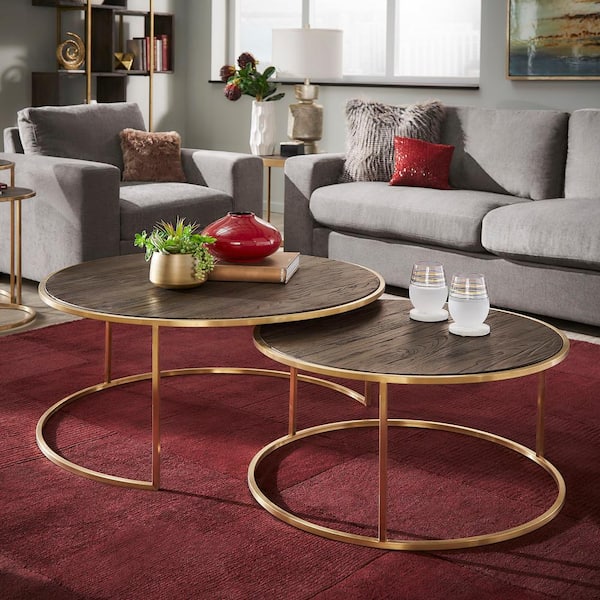HomeSullivan 29.9 in. Brown Round Metal And Wood Nesting Coffee Table
