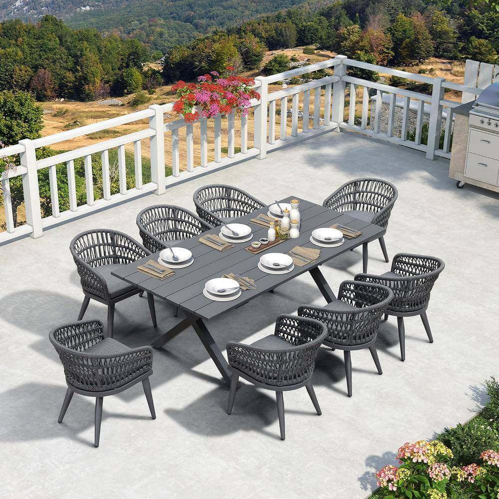 9-Piece Aluminum All-Weather PE Rattan Rectangular Outdoor Dining Set with Cushion, Gray price history on PriceWatchPro